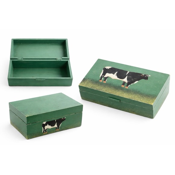 Vintage Folk Art Cow Wooden Box Green Hand Painted Farmhouse 8" - Picture 2 of 4